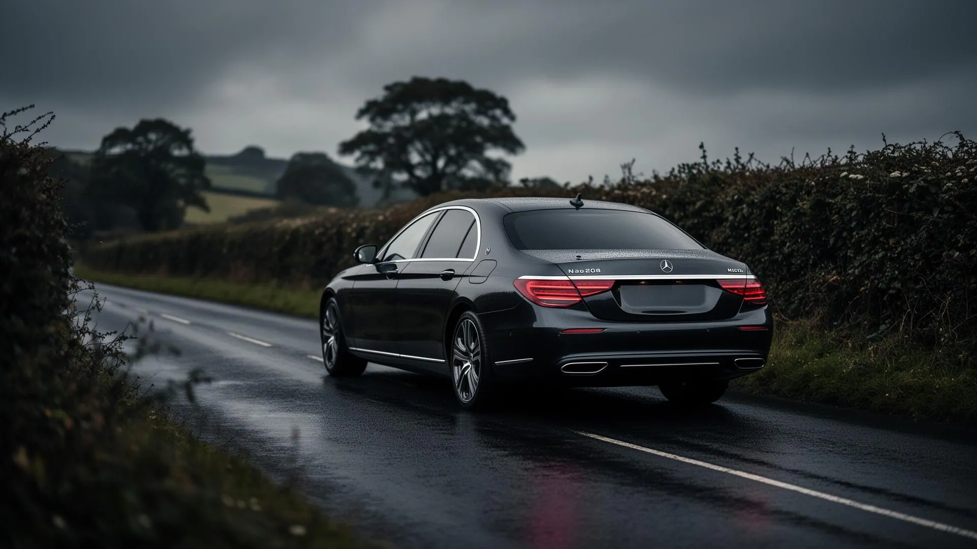 Dark luxury sedan on a moody UK country road