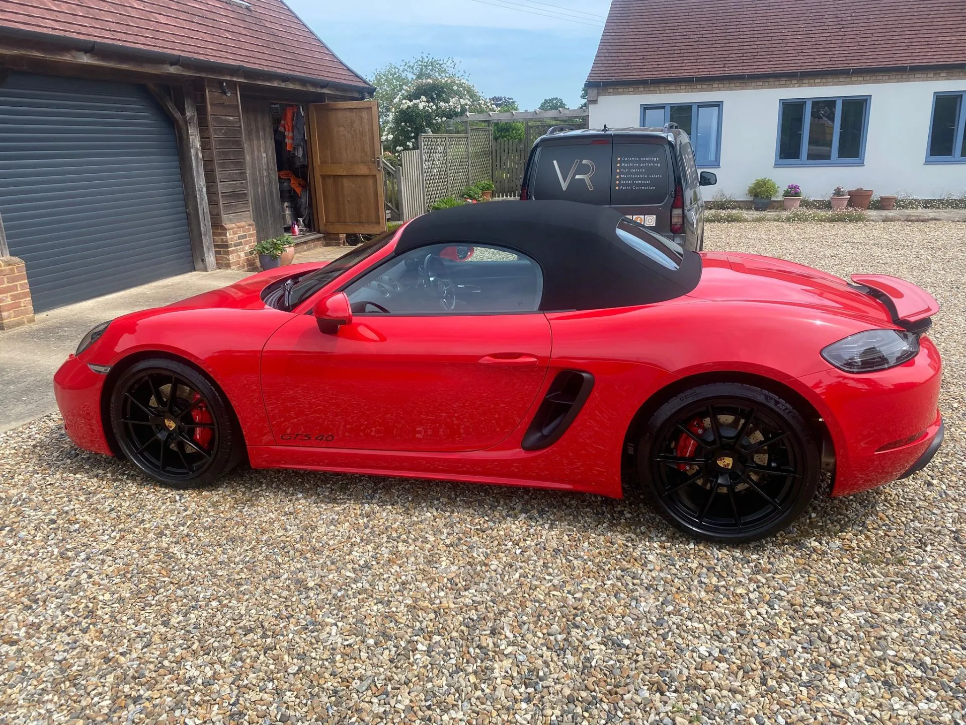 Red Porsche Boxster GTS professional detailing with Vision Repair van - mobile valeting Suffolk